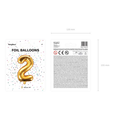 Balon foliowy na hel Cyfra "2", 35 cm, złoty - 4